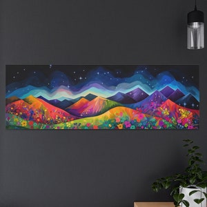 Night Sky Mountain Landscape Talavera Flower Print Colorful Starry Painting Panoramic Floral Large Living Room Wall Art Mexican Folk Artwork