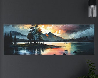 Watercolor Sunset Landscape On Canvas Print, Colorful Blue Clouds, Nature Painting, Living Room Wall Art, Extra Large Panoramic Wall Decor