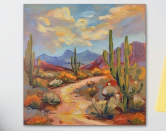 Southwestern Desert Landscape Print, Pastel Neutral Cactus, Agave Yucca, Texas Decor Travel Retro Vintage Wall Art, Nature Canvas Sonoran