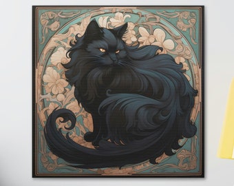 Alphonse Mucha Black Cat Print Canvas, Black Cat Artwork, Flowers & Cat Print, Dark Floral Wall Art Home Decor Art Nouveau Painting Wallart