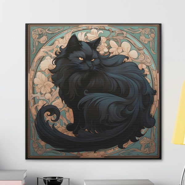 Alphonse Mucha Black Cat Print Canvas, Black Cat Artwork, Flowers & Cat Print, Dark Floral Wall Art Home Decor Art Nouveau Painting Wallart