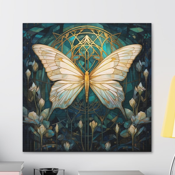 Art Nouveau Print, Butterfly Stained Glass Print, Art Deco Moth Canvas Painting, Flower Wall Artwork, Botanical Floral Ready to Hang Wallart