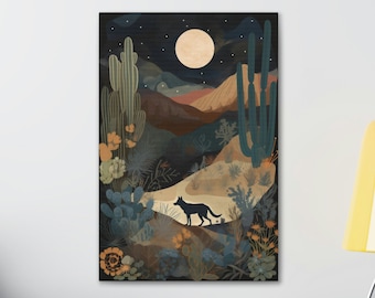 Wolf Moon Desert Print Western Wall Art, Wild West Decor Vintage Cactus Flowers Painting Southwestern Home Decoration Floral Artwork Wallart