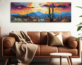 Southwestern Desert Landscape Print, Impressionist Mountains Sunset, Texas Travel Retro Vintage Wall Art, Extra Large Living Room Panoramic