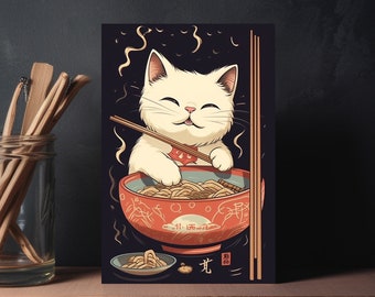 Può includere: Un gatto bianco con un'espressione felice è seduto in una ciotola rossa di noodles. Il gatto tiene le bacchette e sta mangiando i noodles. La ciotola è decorata con caratteri giapponesi. Lo sfondo è nero con vapore che sale dalla ciotola.