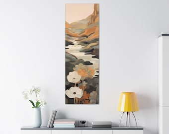 Abstract Mountain Landscape Long Vertical Floral Wall Art, Large Mountain Print, Quilted Mixed Media, Long Narrow Print Ready to Hang Canvas