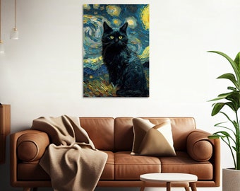 Vincent Van Gogh's The Starry Night Cat Print, Van Gogh Cat Poster, Black Cat Art, Home Decor, Funny Cat Gift, Small to Medium Wall Art