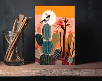 Southwestern Bird Print, 5" x 7" Canvas Western Decor, Southwestern Wallart Desert Painting, Eclectic Boho Artwork, Cactus, Mexican Folk Art