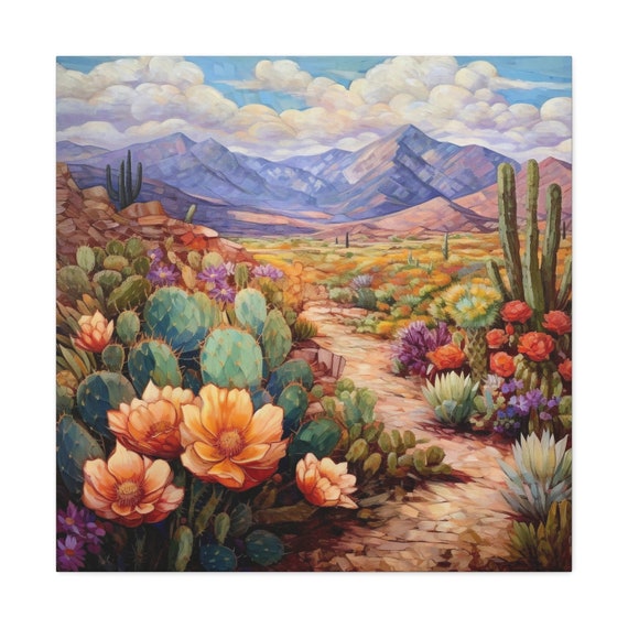Southwestern Landscape Painting Desert Art Print, Cactus Mural Wallart, Texas Decor Travel Modernist Large Wall Art Hanging Sonoran Artwork
