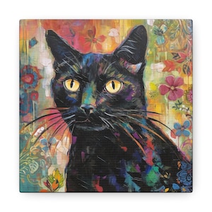 Floral Black Cat Painting Mexican Talavera Cat Wall Art, Cat Owner Gift Wall Artwork Floral Home Wall Boho Canvas Kitten Abstract Wallart