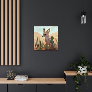 Desert Fox Art Print, Southwestern Decor, Pastel Neutral Cactus Ocotillo, Texas Travel Retro Vintage Wall Art, Beige Canvas Gallery Wrap image 3