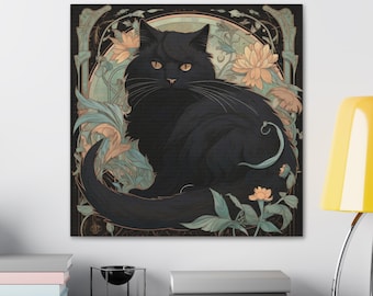 Black Cat Painting Mucha Print Ready to Hang Canvas, Gothic Artwork, Flowers & Cat Floral Wall Art Home Decor Art Nouveau Wallart Alphonse