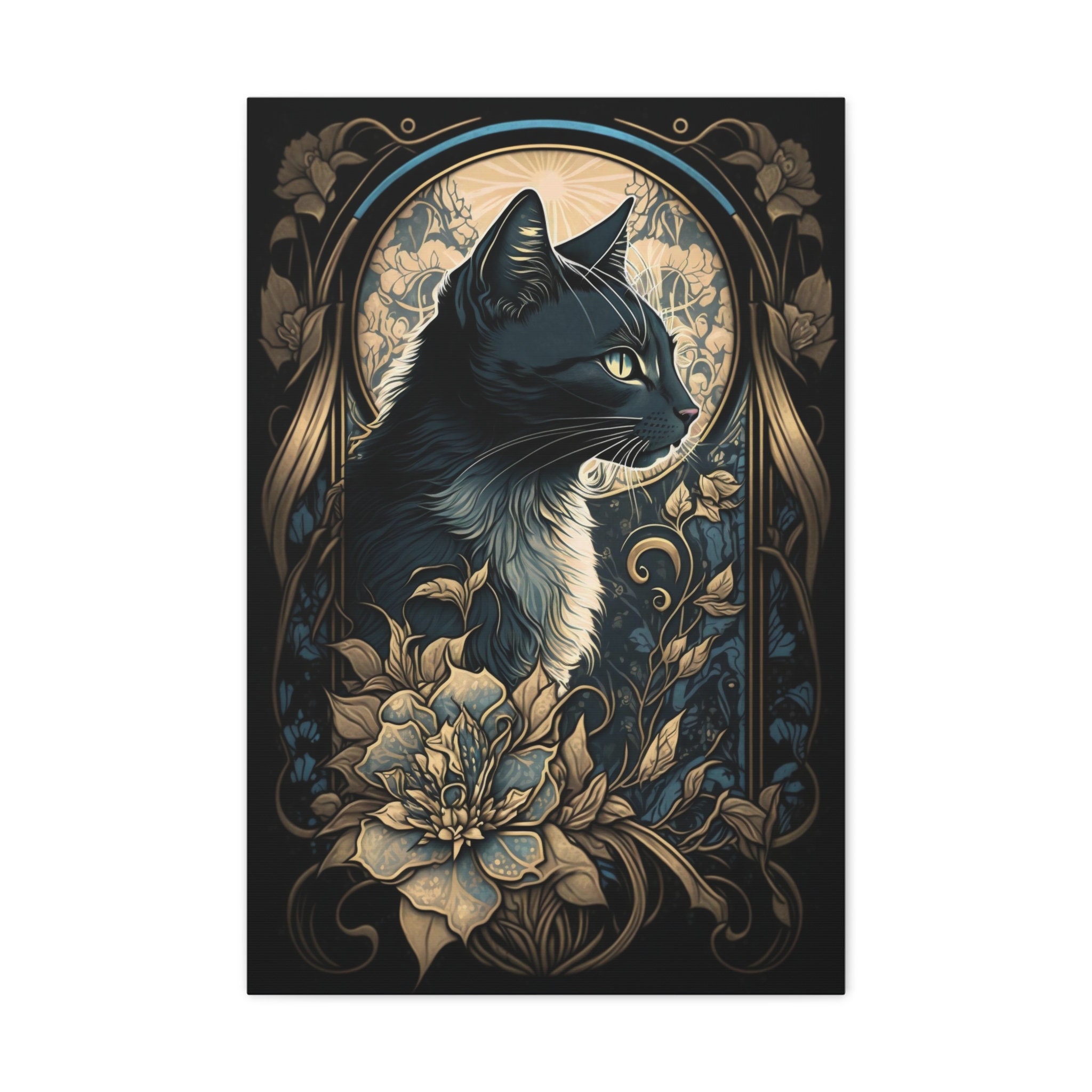 Alphonse Mucha Tuxedo Cat Print, William Morris Cat Canvas, Black