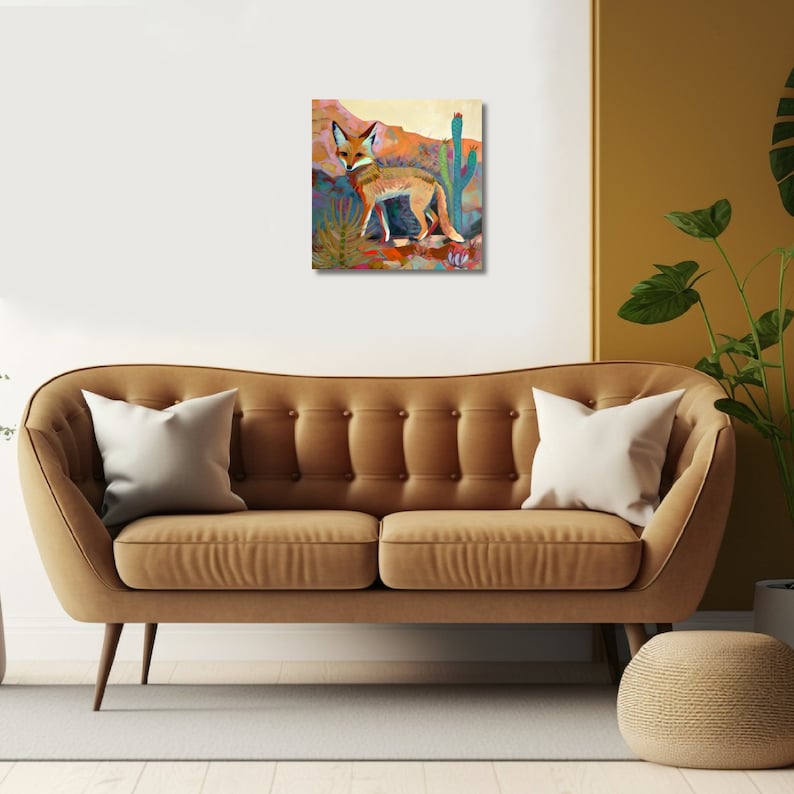 Ökenrävmålning, bondgårdsväggkonst, sydvästlig boho-dekor, Texas-konsttryck, resekonstverk i retrostil, canvastavla med prärievarg bild 4