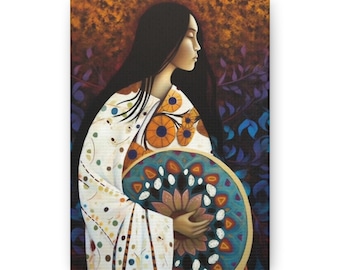Mexican Drummer Girl Painting Print Art Nouveau Deco Home Decor Wall Art Southwest Artwork Floral Wallart Ready to Hang Canvas 5"x7"