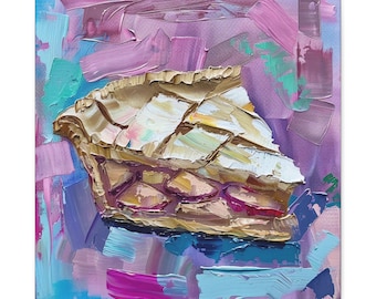 May include: A painting of a slice of pie with a flaky crust and a pink and purple background.