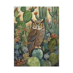 Southwestern Owl Cacti Art Print Desert Owl Painting Cacti Bird Artwork Western Decor Original Owl Art Wallart Cactus Folk for Men Canvas