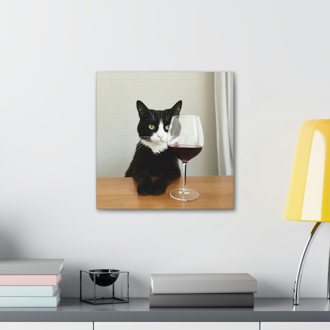 Wine Cat Art Print Black Tuxedo Cat Picture Canvas Funny Cat Lover Gift ...