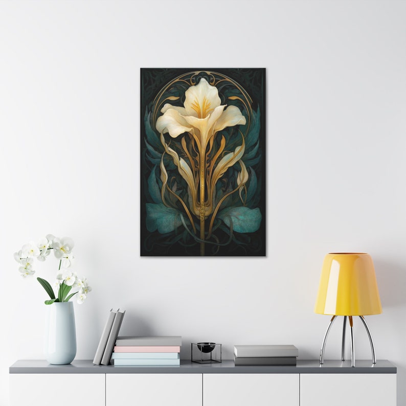 White Iris Art Nouveau Print Flower Vitrail, Floral Art Déco, Gothic Dark Academia Artwork Symbolique vintage Spiritual Shining Wall Art image 4