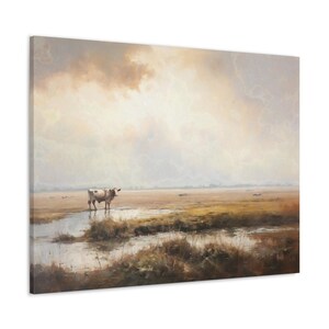 Vintage Cow Print Farm Wall Art Landscape Large Vintage Artwork Fine Art Style Oil Painting Modern Farmhouse Ready to Hang Canvas image 3