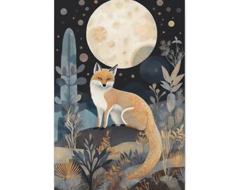 Fox Moon Art Print, Boho Nursery Decor Vintage Cactus & Desert Plants Painting Southwestern Artwork Wallart Ready to Hang Canvas