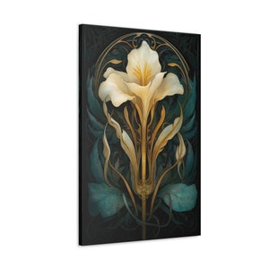 White Iris Art Nouveau Print Flower Vitrail, Floral Art Déco, Gothic Dark Academia Artwork Symbolique vintage Spiritual Shining Wall Art image 2