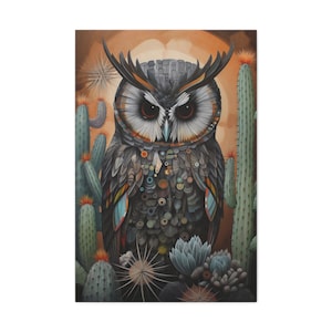 Desert Owl Art Print Southwestern Bird Artwork, Western Decor, Southwestern Wallart, Sonoran Desert Painting, Serape Artwork Cactus Folk Art