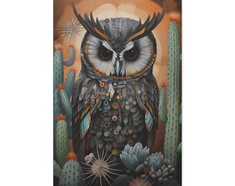 Desert Owl Art Print Southwestern Bird Artwork, Western Decor, Southwestern Wallart, Sonoran Desert Painting, Serape Artwork Cactus Folk Art