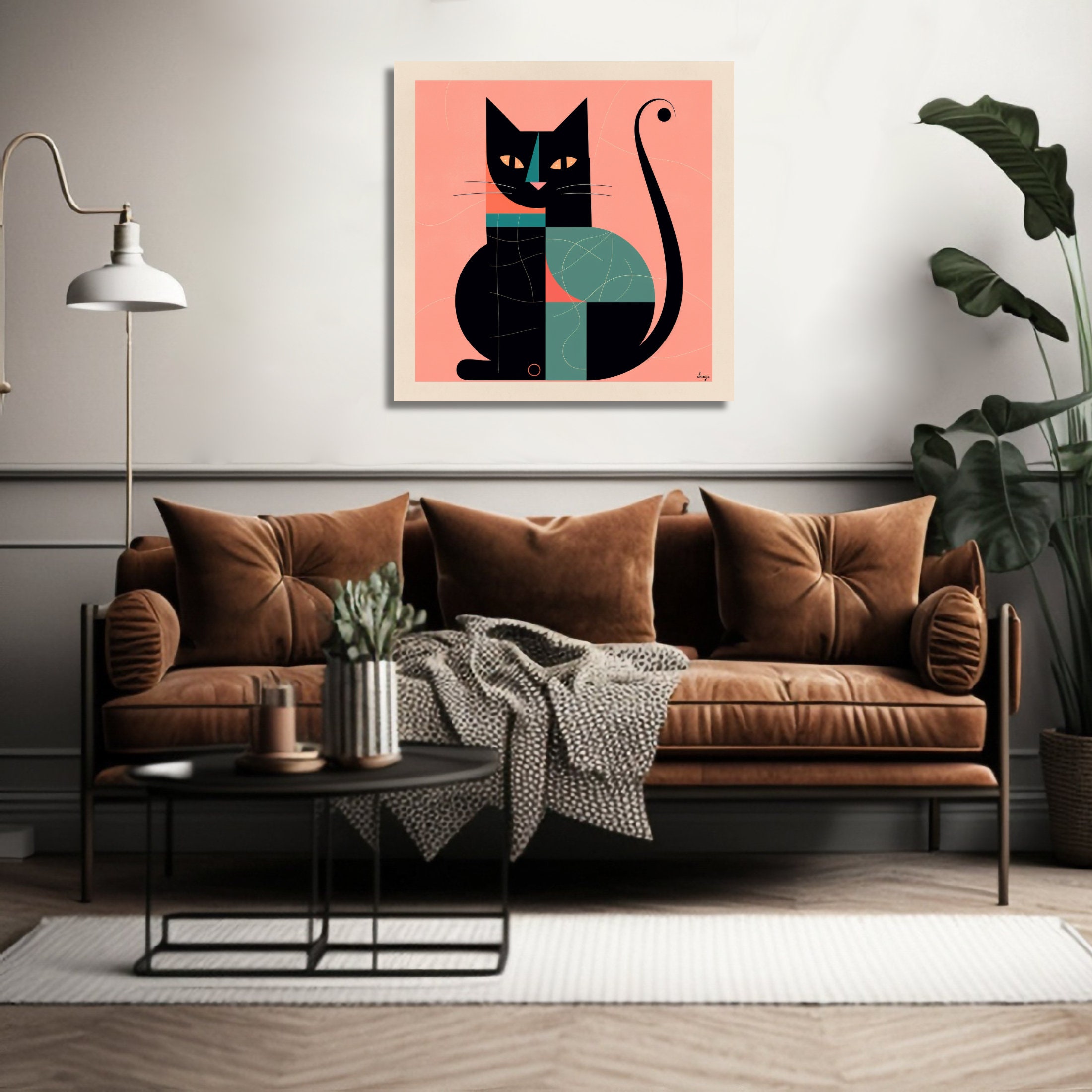 Mid Century Modern Cat Wall Art Black Cat Art Print MCM Etsy