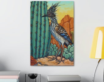 Southwestern Roadrunner Print, Western Decor, Southwestern Wallart, Sonoran Desert Painting, Eclectic Boho Artwork, Cactus, Mexican Folk Art