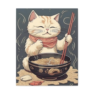 Ramen Noodle Soup Print Japanese Cat Wall Art White Orange Cat Lover Artwork Gift, Kitten Chopsticks Home Decor Asian Cat Wall Decor