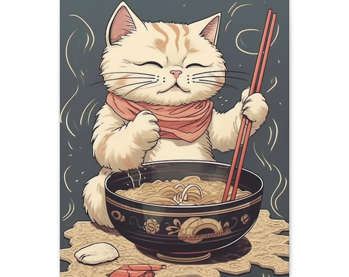 Ramen Noodle Soup Print Japanese Cat Wall Art White Orange Cat Lover Artwork Gift, Kitten Chopsticks Home Decor Asian Cat Wall Decor