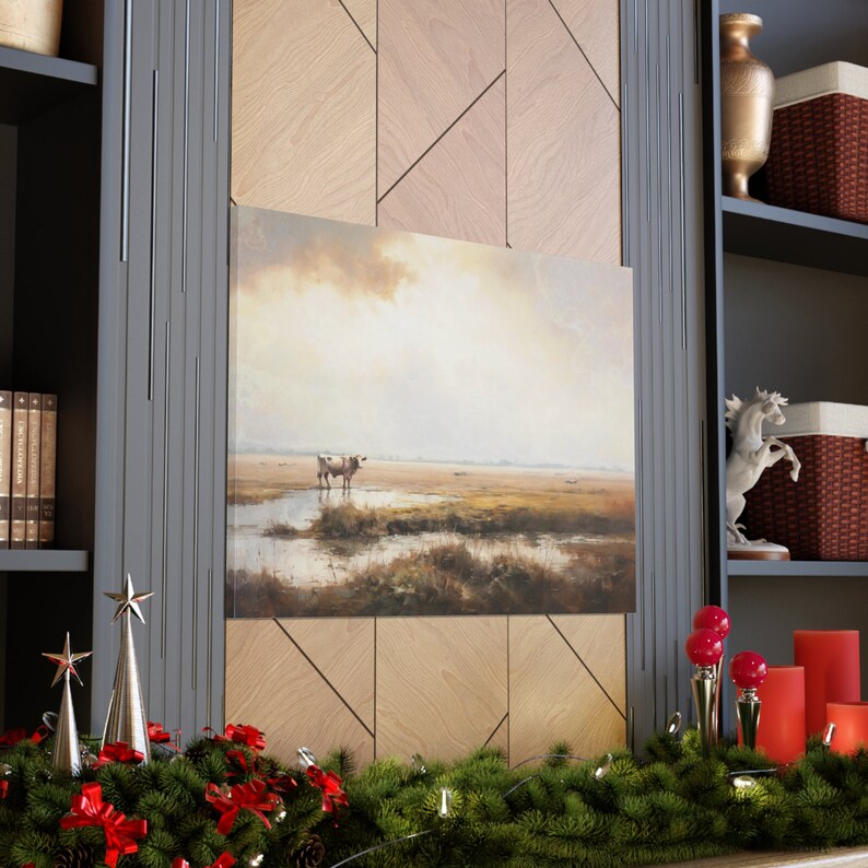 Vintage Cow Print Farm Wall Art Landscape Large Vintage Artwork Fine Art Style Oil Painting Modern Farmhouse Ready to Hang Canvas image 7