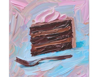 Chocolate Cake Impressionist Painting Dessert Wall Art, Dining Room Food Wall Decor, Restaurant Kitchen Artwork Ready To Hang Canvas Print