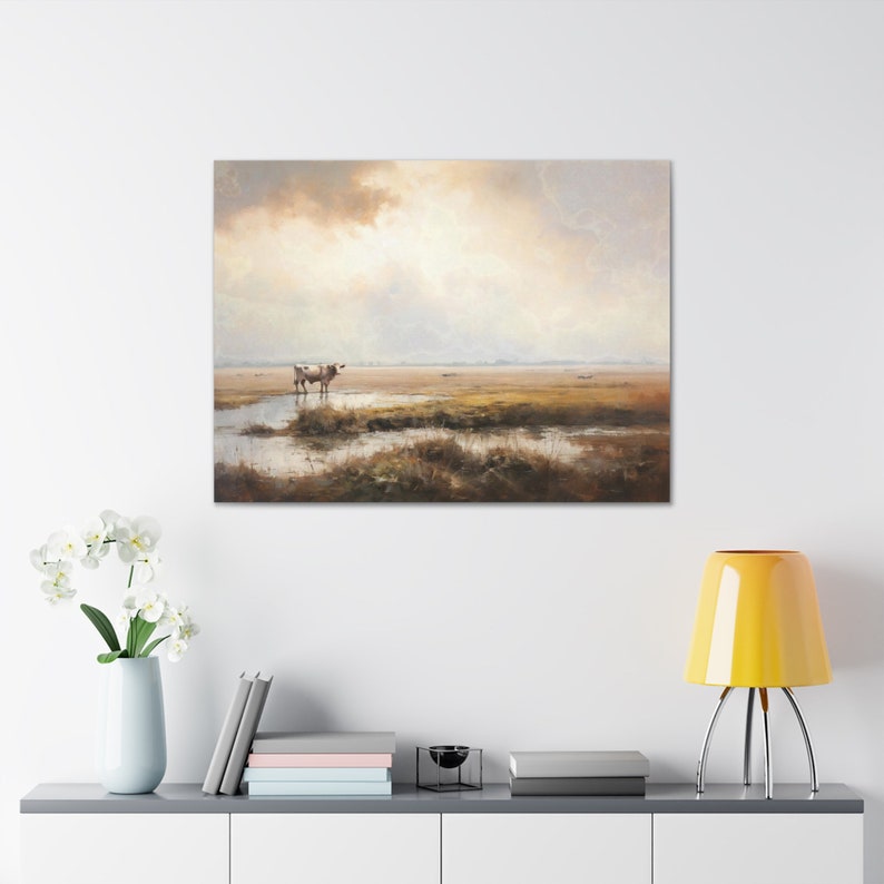 Vintage Cow Print Farm Wall Art Landscape Large Vintage Artwork Fine Art Style Oil Painting Modern Farmhouse Ready to Hang Canvas image 5