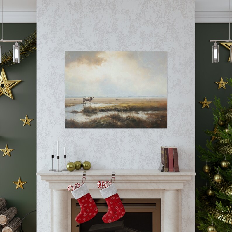 Vintage Cow Print Farm Wall Art Landscape Large Vintage Artwork Fine Art Style Oil Painting Modern Farmhouse Ready to Hang Canvas image 6