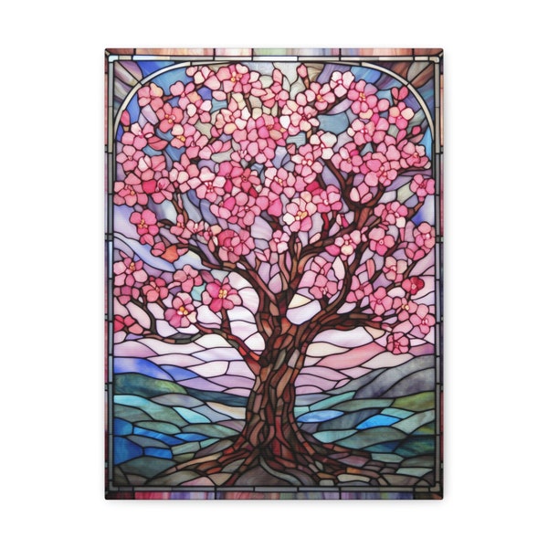 Cherry Blossoms Stained Glass Art Print, Sakura Blossoms Tree Home Decor, Art Nouveau Flowers, Pink Flowers Artwork, Ready To Hang Canvas