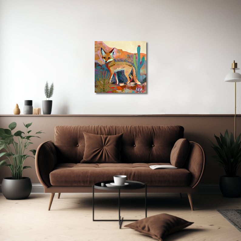 Ökenrävmålning, bondgårdsväggkonst, sydvästlig boho-dekor, Texas-konsttryck, resekonstverk i retrostil, canvastavla med prärievarg bild 9