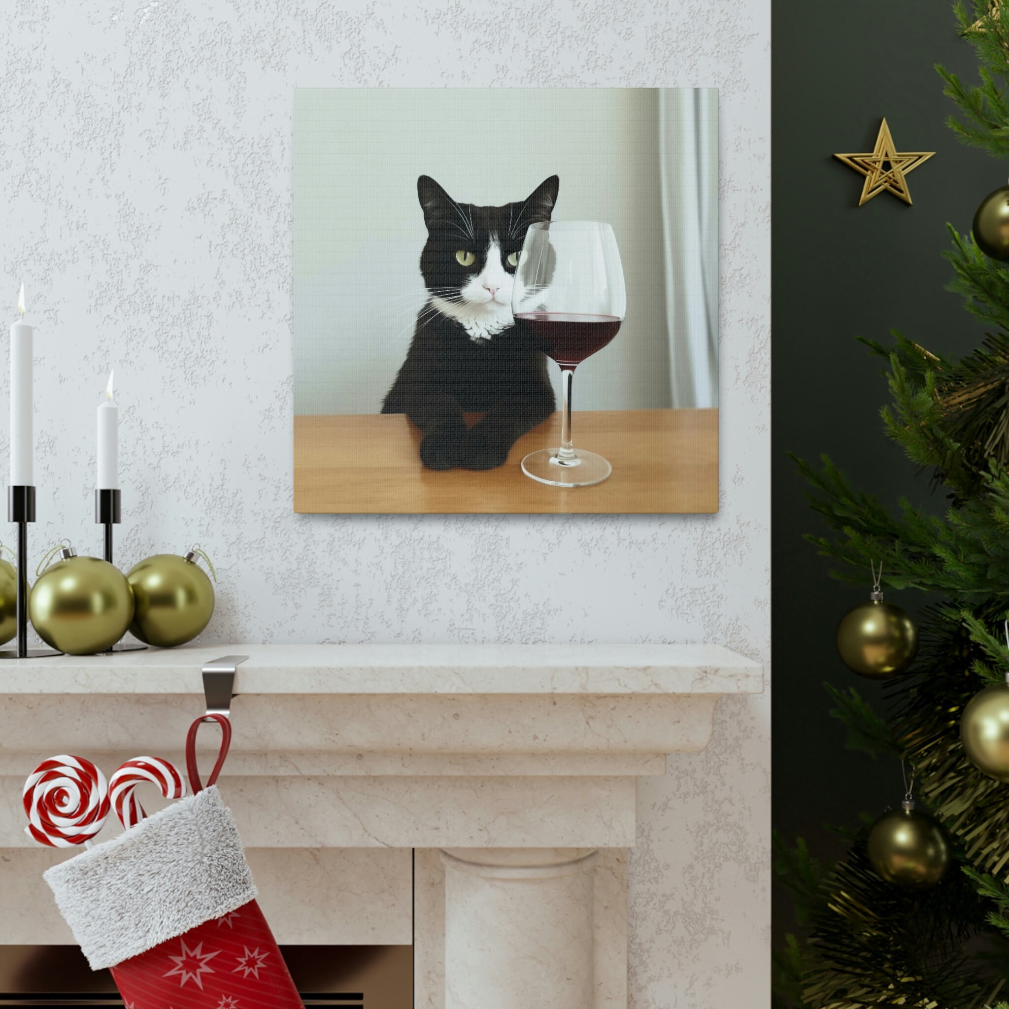 Wine Cat Art Print Black Tuxedo Cat Picture Canvas Funny Cat Lover Gift ...