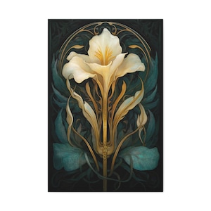 White Iris Art Nouveau Print Flower Vitrail, Floral Art Déco, Gothic Dark Academia Artwork Symbolique vintage Spiritual Shining Wall Art image 1