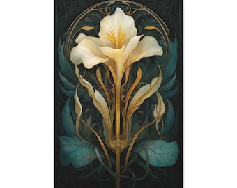 White Iris Art Nouveau Print Flower Stained Glass, Floral Art Deco, Gothic Dark Academia Artwork Symbolic Vintage Spiritual Shining Wall Art