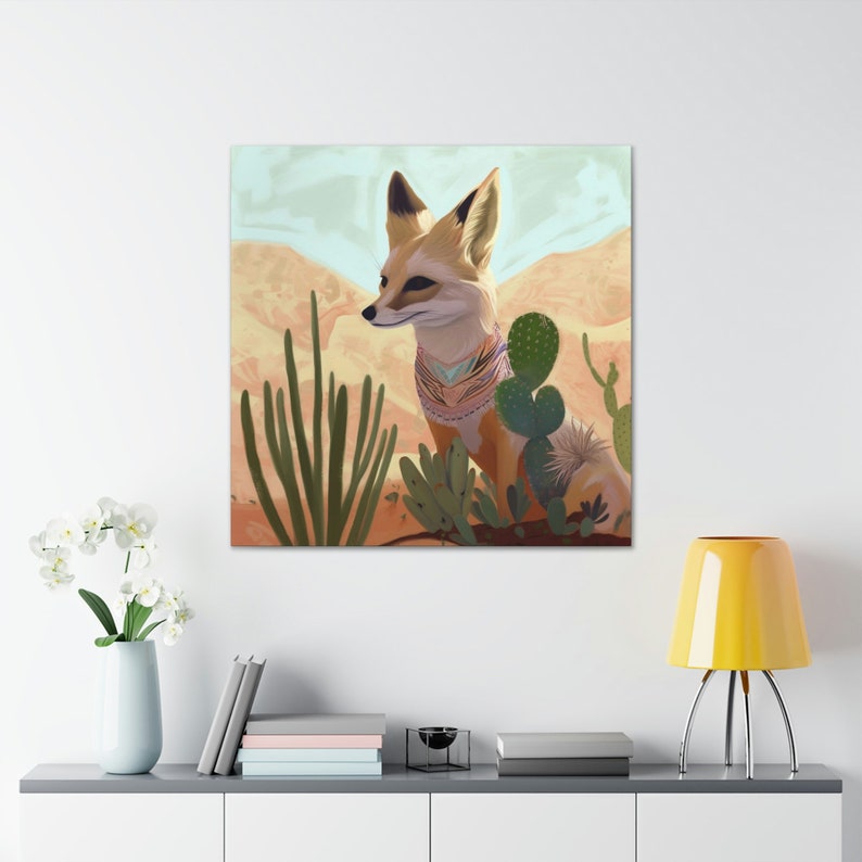Desert Fox Art Print, Southwestern Decor, Pastel Neutral Cactus Ocotillo, Texas Travel Retro Vintage Wall Art, Beige Canvas Gallery Wrap image 7