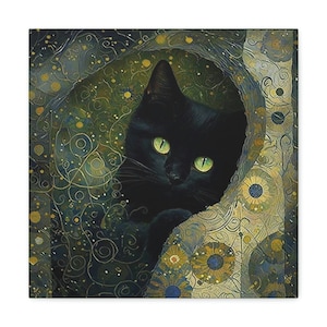 Gustav Klimt Black Cat Print, Klimt Cat Canvas, Black Cat Art, Abstract Stars Print, Flowers & Cat Print, Dark Floral Wall Home decor Canvas