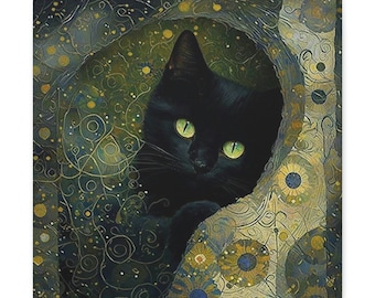 グスタフ・クリムトの黒猫プリント、クリムトの猫キャンバス、黒猫アート、抽象的な星のプリント、花と猫のプリント、ダークフローラルの壁のホームデコレーションキャンバス