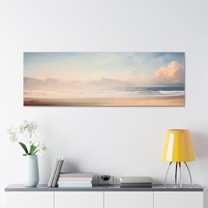 Wide Over Bed Wall Art Serene Coastal Watercolor Panoramic Painting Print Long Ocean Beach Horizontal Ready To Hang Canvas
