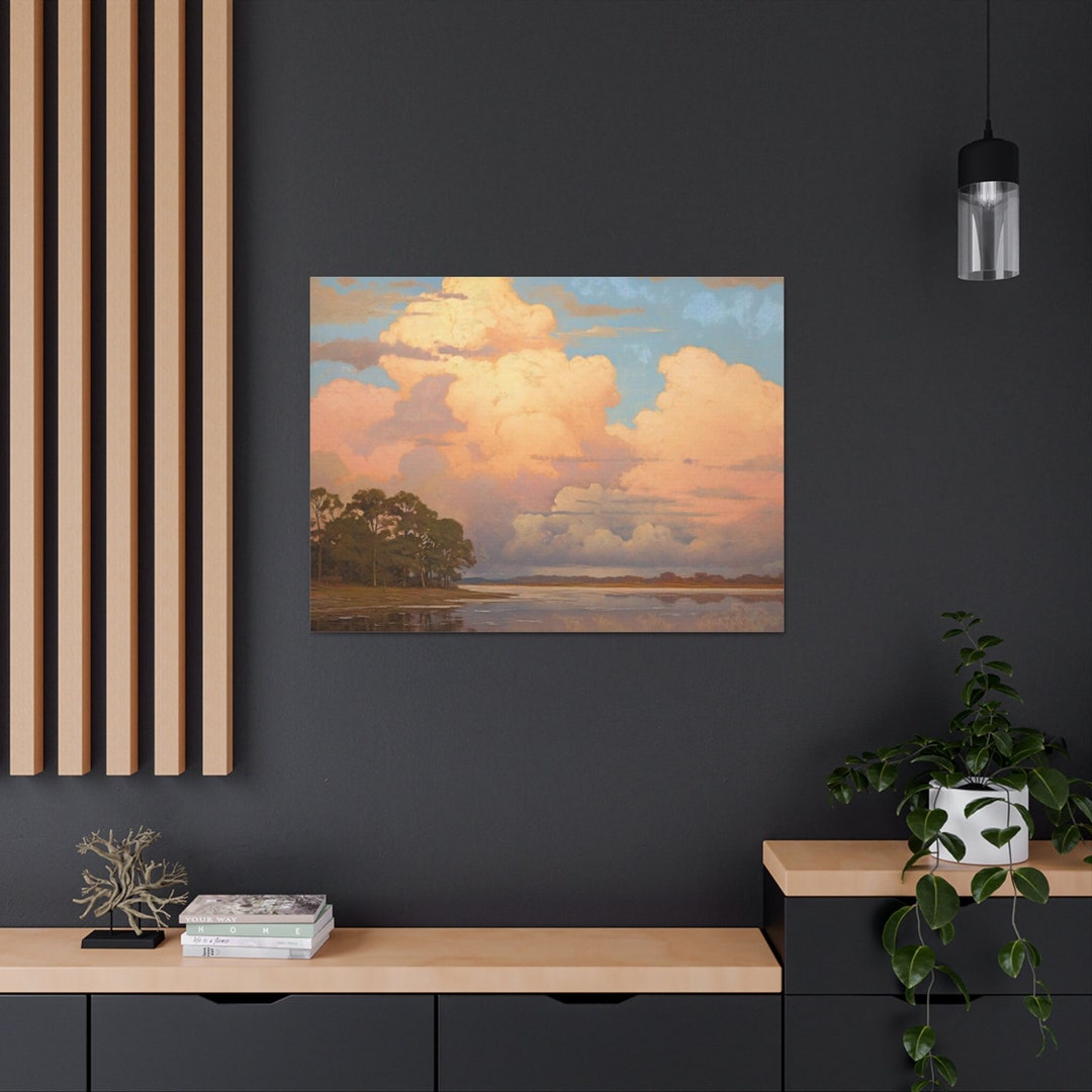 Pink Sky Wall Art Trendy Sunset Clouds Painting Lake Artwork Girly