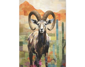 Bighorn Sheep Wall Art, Southwestern Artwork, Desert Sheep Painting Home Decor South West Cactus Wallart, Ram Print, Canvas