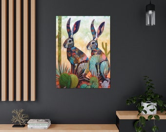 Impresión de conejos de Talavera del desierto, arte mural rústico, decoración bohemia ecléctica, impresión artística retro vintage de viajes a Texas, lienzo de galería con motivos naturales