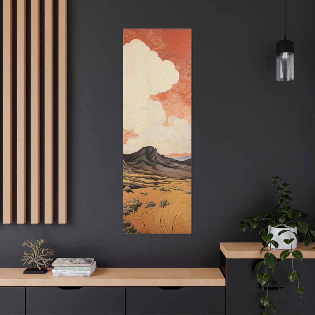 Long Narrow Vertical Wall Art, Japanese Style Mountain Landscape