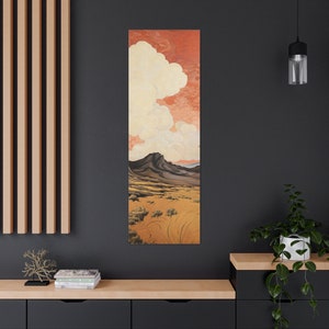 Long Narrow Vertical Wall Art, Japanese Style Mountain Landscape Painting Earth Tones Mt Fuji Print Tall Artwork Ready To Hang Canvas